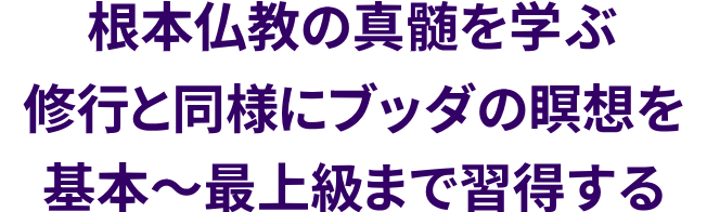 根本仏教の真髄を学ぶ。ブッダの瞑想を基本から最上級まで修行と同様に習得する。